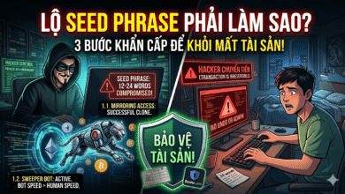 cách xử lý khi lộ Seed Phrase. Minh họa hacker dùng Sweeper Bot chiếm quyền ví và quy trình 3 bước khẩn cấp để bảo vệ tài sản số bằng ví thép LC SEED VAULT