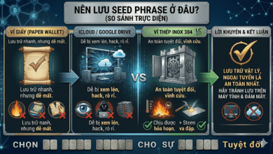 Bảng so sánh trực diện các phương pháp lưu trữ Seed Phrase: ví giấy dễ mất, iCloud và Google Drive dễ bị hack, và ví thép Inox 304 LC SEED VAULT là giải pháp an toàn tuyệt đối.